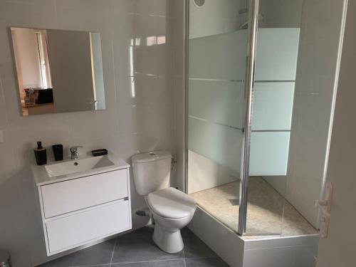 ein weißes Bad mit einem WC und einer Dusche in der Unterkunft Greolières: Superbe Studio avec vue montagne in Gréolières