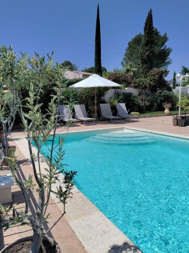 - une piscine bleue avec des chaises et un parasol dans l'établissement La colline du Blavet, à Roquebrune-sur Argens