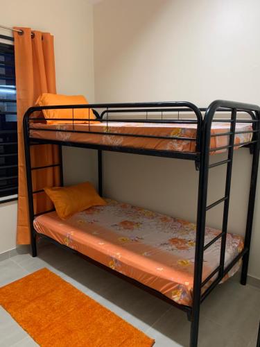 two bunk beds in a room with an orange rug at Casa Alta Gracia in Paramaribo