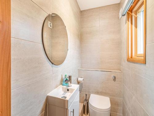 a bathroom with a toilet and a sink and a mirror at Brindleshaw Barn in Meopham