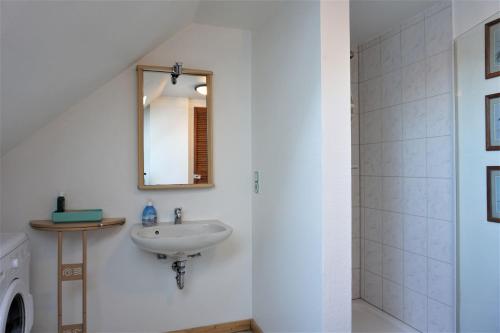 uma casa de banho com um lavatório e um espelho em Haus-Magarethe em Detern