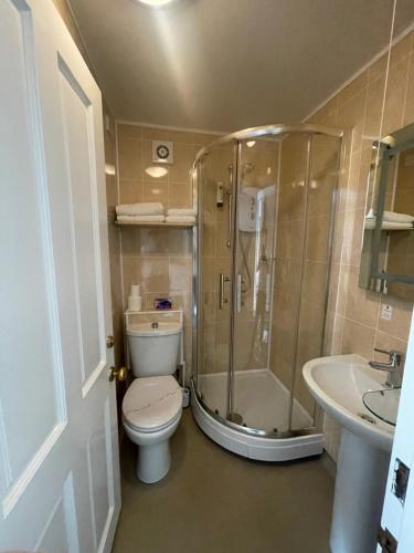 a bathroom with a shower and a toilet and a sink at Mansfield Lodge Hotel Ltd in Mansfield