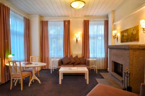 uma sala de estar com um sofá e uma lareira em Kar's Hotel em Kars