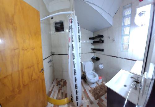 a bathroom with a shower and a toilet and a sink at Rowina Inn 1 in Tigre