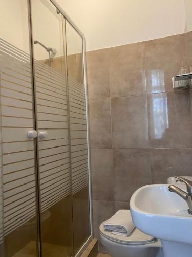 a bathroom with a shower and a toilet and a sink at GuestHouse Marquês in Porto