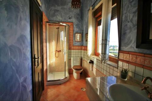 een badkamer met een douche, een wastafel en een toilet bij Casa Os Castelos in Monteviján