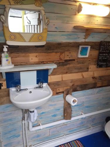 ein Badezimmer mit einem Waschbecken und einem Van an der Wand in der Unterkunft Little Pedn in Penzance