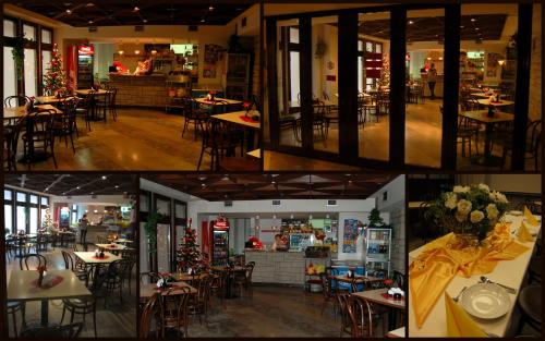 two pictures of a restaurant with tables and chairs at Centrum Konferencyjne IBIB PAN in Warsaw