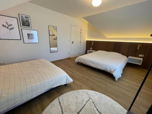 a hotel room with two beds and a mirror at Vakantieappartement Logies Terhagen in Zoutleeuw
