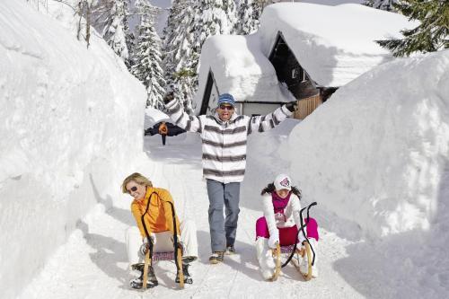 a man and two children in wheelchairs in the snow at Aktiv & Sport Apartments Oberjörg in Rattendorf