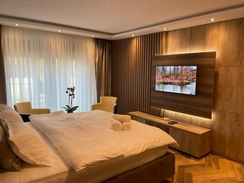 1 dormitorio con 1 cama grande y TV de pantalla plana en Perla Lux apartmani en Inđija