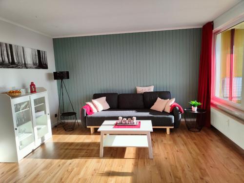 a living room with a couch and a coffee table at Apartment Harzfeuer mit wunderbarem Ausblick und Schwimmbad in Braunlage
