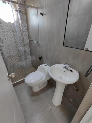 La salle de bains est pourvue de toilettes, d'un lavabo et d'une douche. dans l'établissement Departamentos en Camaná, à Camaná