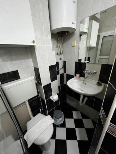 a small bathroom with a toilet and a sink at Puerta Apartments in Kotor
