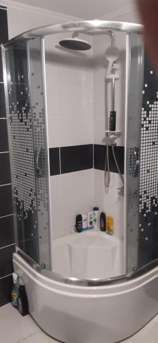 a bathroom with a shower with a mirror at Vila city in Bijeljina
