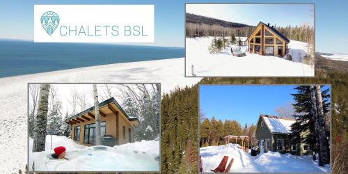 een collage van foto's van een huis in de sneeuw bij Chalets BSL in Saint-Simon-de-Rimouski