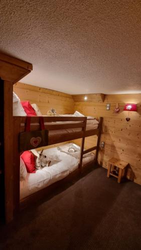 a room with two bunk beds with a cat laying on them at So cosy Val Thorens in Val Thorens