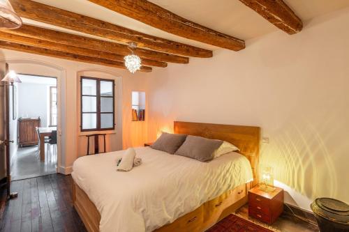 1 dormitorio con 1 cama grande en una habitación en LES SUITES D'ANNICIACA - Hyper centre avec vue sur le chateau, en Annecy