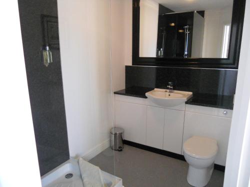 a bathroom with a sink and a toilet and a mirror at Yarm View Guest House and Cottages in Yarm
