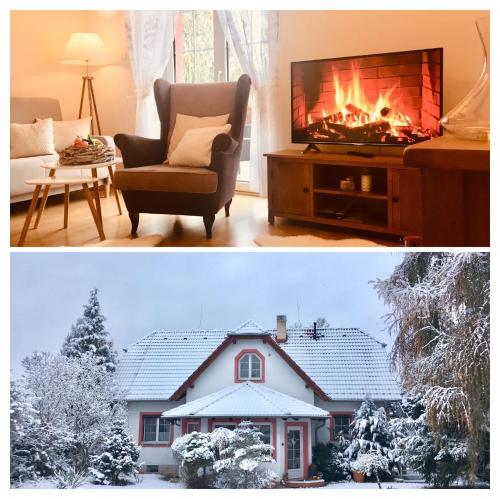 a living room with a fireplace and a house at Vila EVIO Třeboň in Třeboň