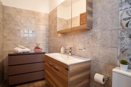 uma casa de banho com um lavatório e um espelho em villa Melissa em Kostitsi