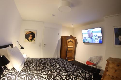 a bedroom with a bed and a tv on the wall at The Birdy Mountains Luxury Lodge 2, 230qm,Sauna,Entertainment in Schlitz