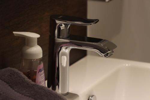a sink with a faucet and a bottle of soap at The Birdy Mountains Luxury Lodge 2, 230qm,Sauna,Entertainment in Schlitz