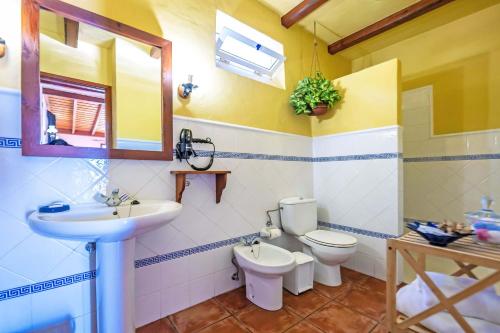 a bathroom with a sink and a toilet and a mirror at Casa Rincón Palmero in El Paso