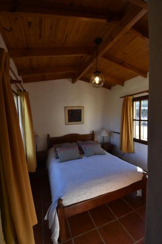 1 dormitorio con 1 cama grande y cortinas amarillas en Cabañas Río Molle en Tafí del Valle