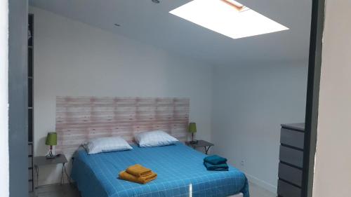 a bedroom with a blue bed and a skylight at Le Transat in Palavas-les-Flots