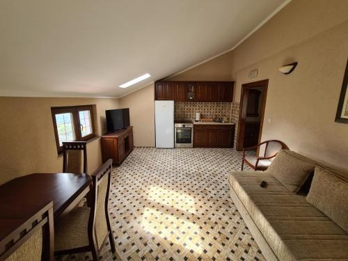 een woonkamer met een bank en een tafel en een keuken bij Villa Deloik Ante`s Hill House in Budva