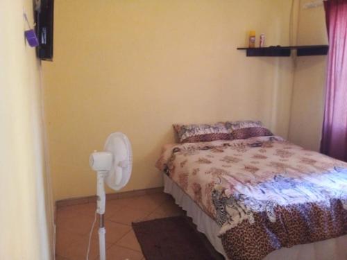 a small bedroom with a bed and a fan at Toke homestay nr 37 omatjene street Cimbabacia in Academia