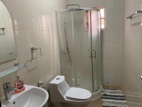 a bathroom with a shower and a toilet and a sink at Cheerful 3 bedroom bungalow, Fatty Boulevard in Madina Sey Kunda
