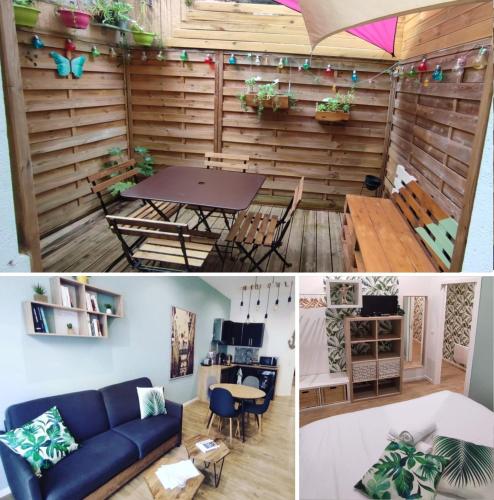 un salon avec un canapé bleu et une table dans l'établissement Gite le Capucin avec parking, à Bordeaux