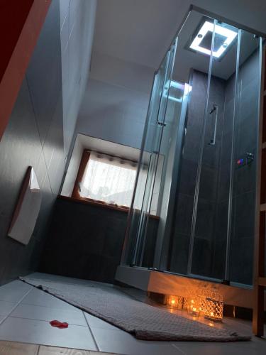 a bathroom with a glass shower with a window at Residenza d'Epoca Albergo Grimani in Ampezzo
