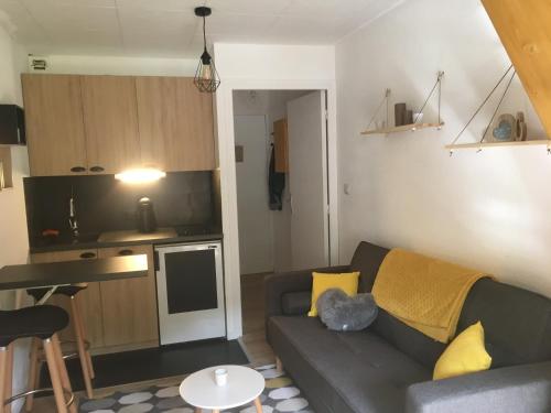 un salon avec un canapé et une cuisine dans l'établissement La Foux D’Allos - Studio cosy - pied des pistes, à Allos