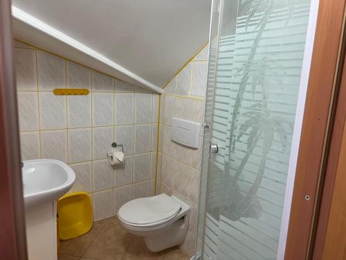 La salle de bains est pourvue de toilettes, d'un lavabo et d'une douche. dans l'établissement DW Villa Miami, à Łeba