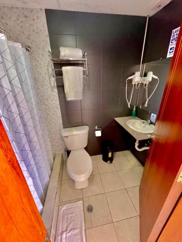 a bathroom with a toilet and a sink at El Balcon de los Reyes in Ibarra
