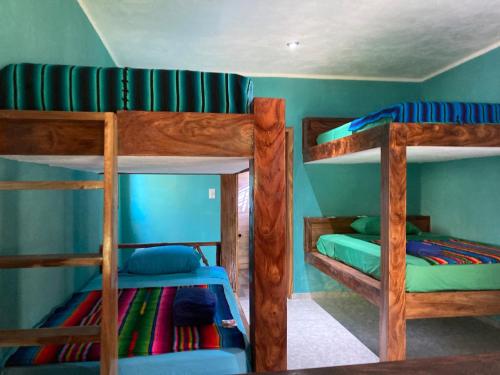 El Paredón Buena Vista的住宿－Sunrise El Paredón，蓝色墙壁的客房内设有两张双层床。
