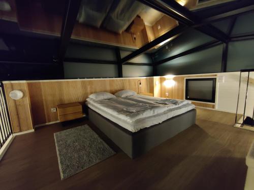 a bedroom with a large bed and a tv at Levin Primus in Levi