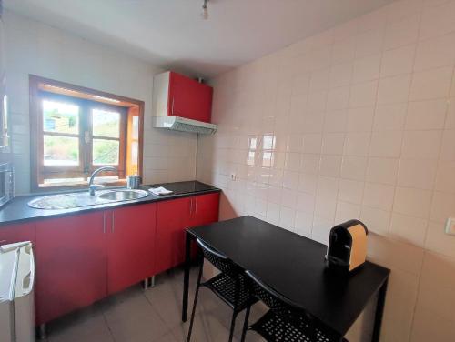 ポルトにあるFullHouse Portoのキッチン(赤いキャビネット、シンク、窓付)