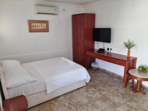 a bedroom with a bed and a desk with a television at Loren Village in Neve Zohar