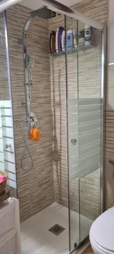 a shower with a glass door in a bathroom at villetta giulia fronte mare in Stintino