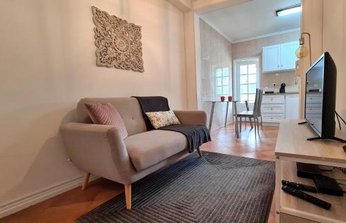 a living room with a couch and a tv at Santa Clara Apartments in Ponta Delgada