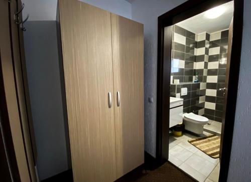a bathroom with a wooden cabinet and a toilet at Hanul Patrisiei in Cîrţişoara