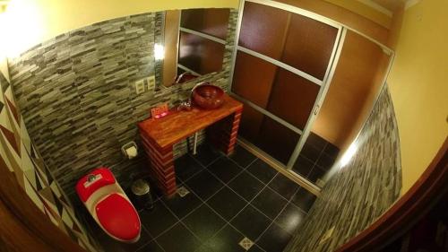 Hotel REY DAVID في أويوني: اطلالة على حمام مع مرحاض احمر ومغسلة