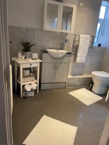 a bathroom with a sink and a toilet at Cozy Bicester Village townhouse with garden in Bicester