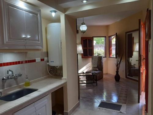 eine Küche mit einem Waschbecken und ein Wohnzimmer in der Unterkunft Cabañas Cerros Azules en La Rioja Alojamiento Temporario in La Rioja