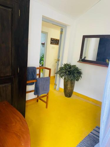 a living room with a potted plant on the wall at Birdsong Villa in Rathgama