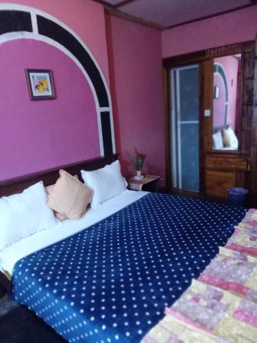 a bedroom with a large bed with a purple wall at Mount View Cottage in Nuwara Eliya
